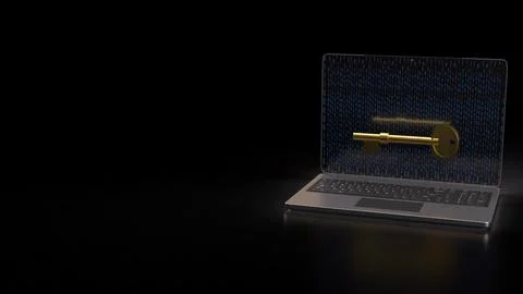 The Gold key on notebook for security technology concept 3d Rendering. Foto stock