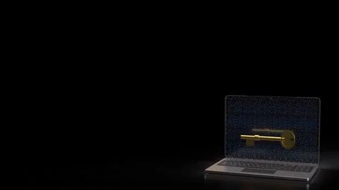 The Gold key on notebook for security technology concept 3d Rendering. Foto stock