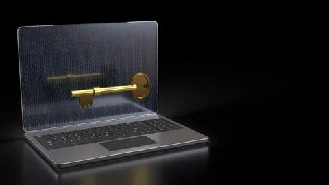 The Gold key on notebook for security technology concept 3d Rendering. Foto stock