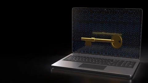 The Gold key on notebook for security technology concept 3d Rendering. Stockfoto's