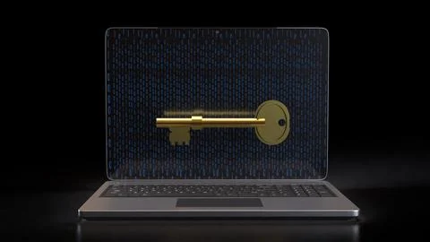 The Gold key on notebook for security technology concept 3d Rendering. Stock Photos