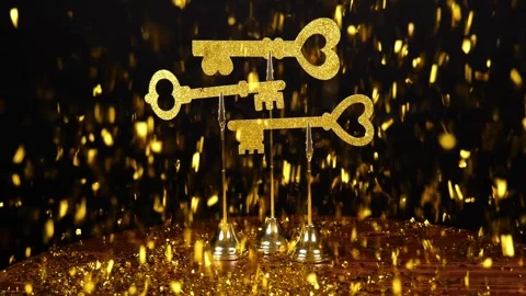 Gold Keys with Gold Glitter Confetti Sparkles as Key to My Heart for Love and Stock Footage 340045355