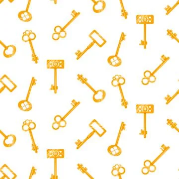 Gold keys seamless vector pattern on white. Retro cartoon key background Illustrazione stock