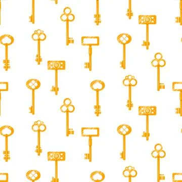 Gold keys seamless vector pattern on white. Vintage cartoon key background Stock Illustration