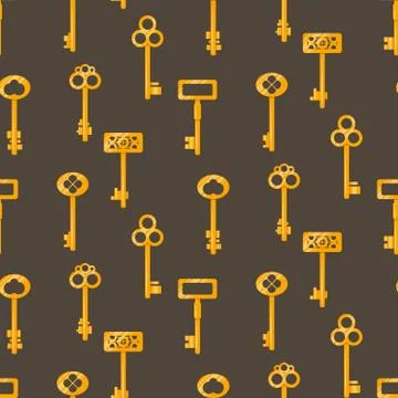 Gold keys seamless vector pattern on brown. Retro cartoon key background Stock Illustration