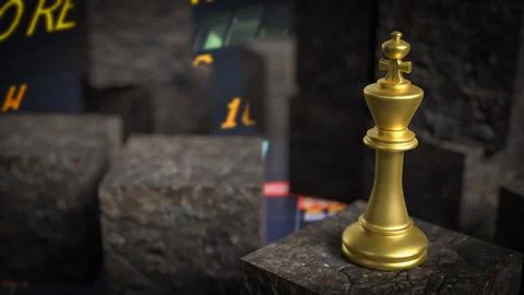 The gold king chess on cube stone for Business or abstract  concept 3d rend.. Stock Photos