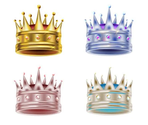 Gold king crown, 3d vector color set isolated on white background. Stock Illustration