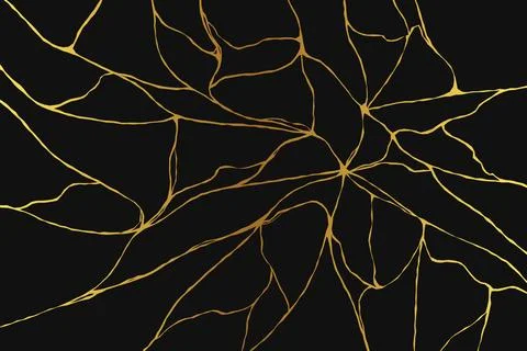 Gold kintsugi crack lines on black background. Japanese golden pattern, min.. Stock Illustration