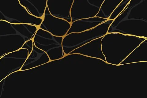 Gold kintsugi crack lines on black background. Japanese golden pattern, lux.. Illustrazione stock
