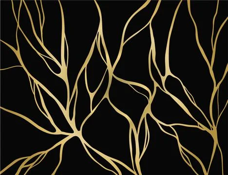 Gold kintsugi cracks on black marble, abstract pattern with golden veins. Tex Stock Illustration