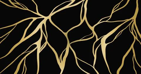 Gold kintsugi cracks on black marble create pattern with golden veins. Abst.. Stock Illustration