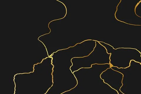 Gold kintsugi design isolated on black backdrop. Golden rough crackle texture Stock-Illustration