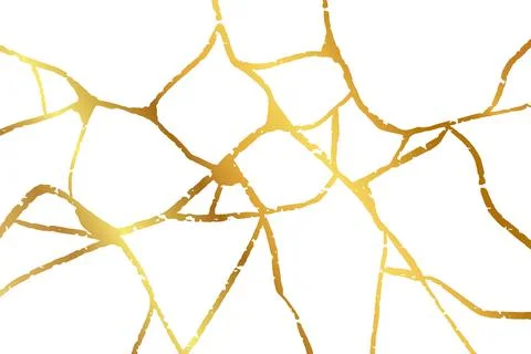 Gold kintsugi design isolated on white backdrop. Golden rough crackle texture Illustrazione stock