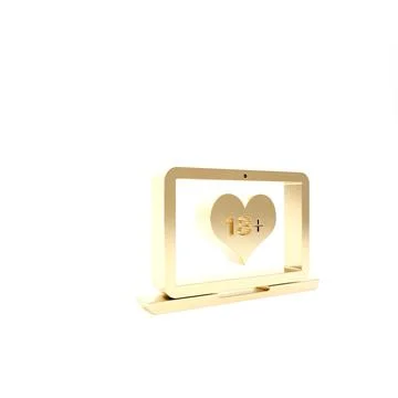Gold Laptop computer with 18 plus content heart icon isolated on white backgr Illustrazione stock