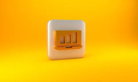Gold Laptop with graph chart icon isolated on yellow background. Report text Illustrazione stock