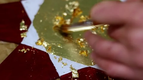 Gold Leaf Application on Wooden Star with Brush, Crafting Detail Stock Footage 324878127