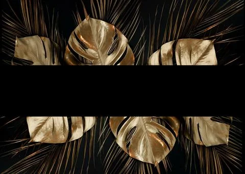 Gold leaf isolated on a black background  top view with copy space. Gold palm, m Stock Photos