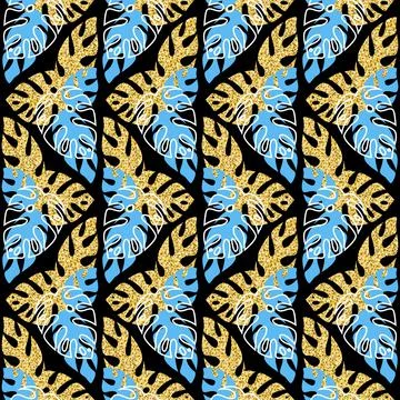 Gold leaf monstera palm tree blue rainforest, seamless pattern black golden s イラスト素材