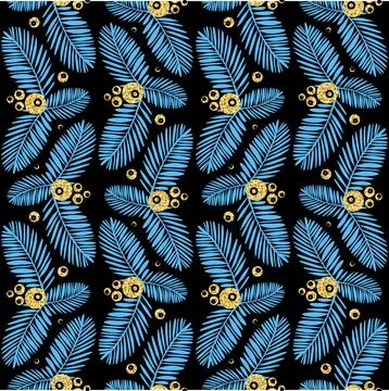 Gold leaf monstera palm tree blue rainforest, seamless pattern black golden s Stock Illustration