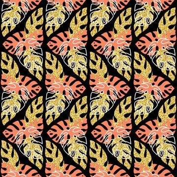 Gold leaf monstera palm tree pink jungle rainforest, seamless pattern black g Stock Photos
