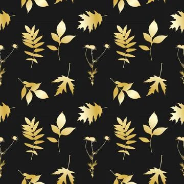 Gold leaves pattern , leave and camomile, dark background. Stock Illustration