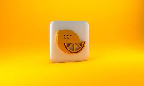 Gold Lemon icon isolated on yellow background. Silver square button. 3D rende Stock Illustration