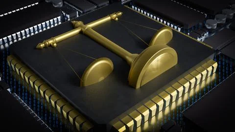 The Gold Libra on Chip for Technology or Law concept 3d Rendering. Stock Photos