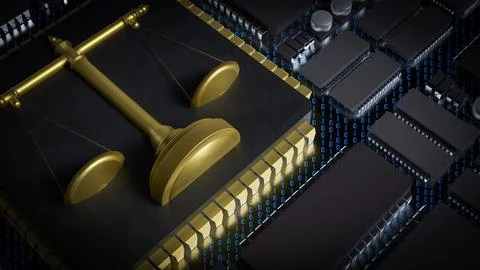 The Gold Libra on Chip for Technology or Law concept 3d Rendering. Stockfoto's