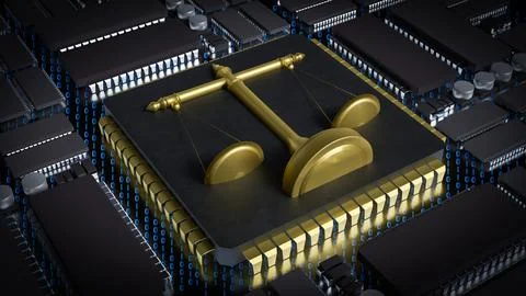 The Gold Libra on Chip for Technology or Law concept 3d Rendering. 库存照片