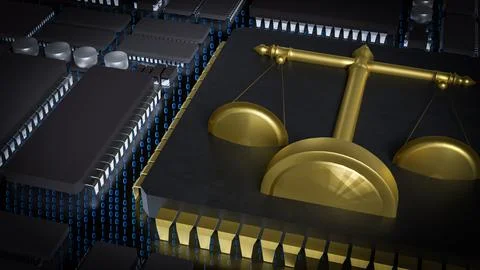 The Gold Libra on Chip for Technology or Law concept 3d Rendering. 库存照片