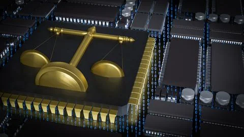 The Gold Libra on Chip for Technology or Law concept 3d Rendering. Stockfoto's