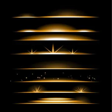 Gold Light Divider Border Frame Flash Glow Light Effect, Set Collection, gl.. Illustrazione stock