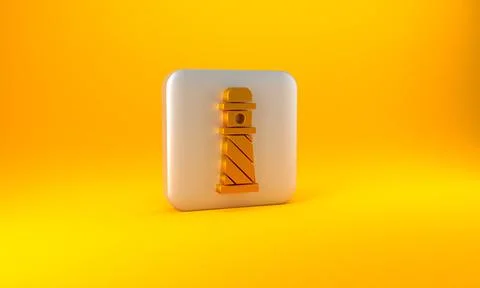 Gold Lighthouse icon isolated on yellow background. Silver square button. 3D Stock Illustration