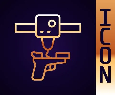 Gold line 3D printer gun icon isolated on black background. 3d printing. Vector Illustrazione stock