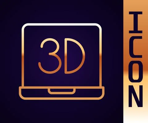 Gold line 3D printer icon isolated on black background. 3d printing. Vector Stock Illustration