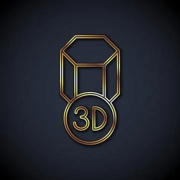 Gold line 3D printer icon isolated on black background. 3d printing. Vector Illustrazione stock