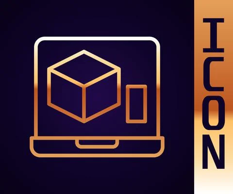 Gold line 3D printer icon isolated on black background. 3d printing. Vector Stock Illustration