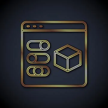 Gold line 3D printer icon isolated on black background. 3d printing. Vector Stock Illustration