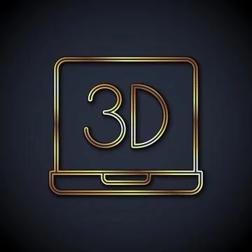 Gold line 3D printer icon isolated on black background. 3d printing. Vector Stock Illustration