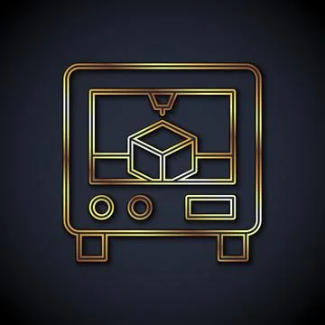 Gold line 3D printer icon isolated on black background. 3d printing. Vector 库存插图