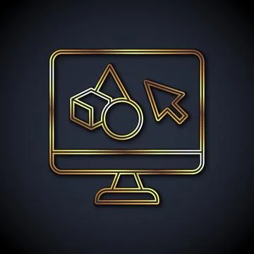 Gold line 3D printer software icon isolated on black background. 3d printing Illustrazione stock