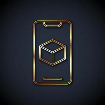 Gold line 3D printer software icon isolated on black background. 3d printing Ilustração Stock