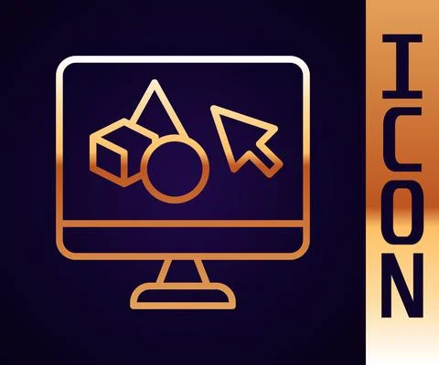 Gold line 3D printer software icon isolated on black background. 3d printing Stock Illustration