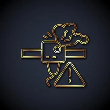 Gold line 3D printer warning icon isolated on black background. 3d printing Illustrazione stock