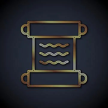 Gold line Ancient papyrus scroll icon isolated on black background. Parchment Illustrazione stock