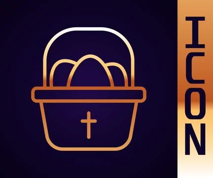 Gold line Basket with easter eggs icon isolated on black background. Happy Stock Illustration