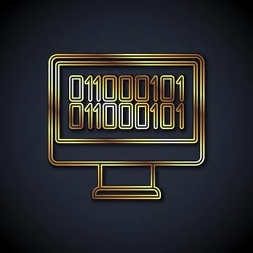 Gold line Binary code icon isolated on black background.  Vector Stock Illustration