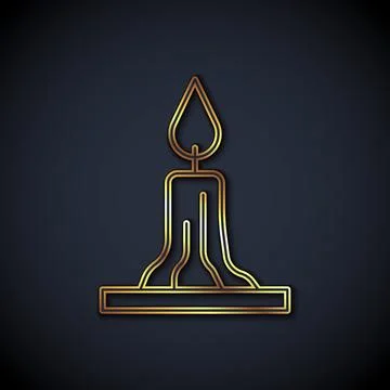 Gold line Burning candle in candlestick icon isolated on black background. .. Stock Illustration