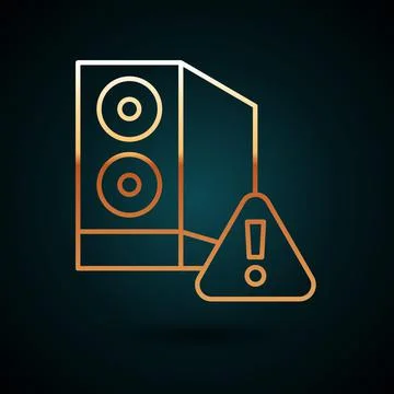 Gold line Case of computer with exclamation mark icon isolated on dark blue b Illustrazione stock