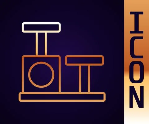 Gold line Cat scratching post with toy icon isolated on black background. Vector Stock Illustration